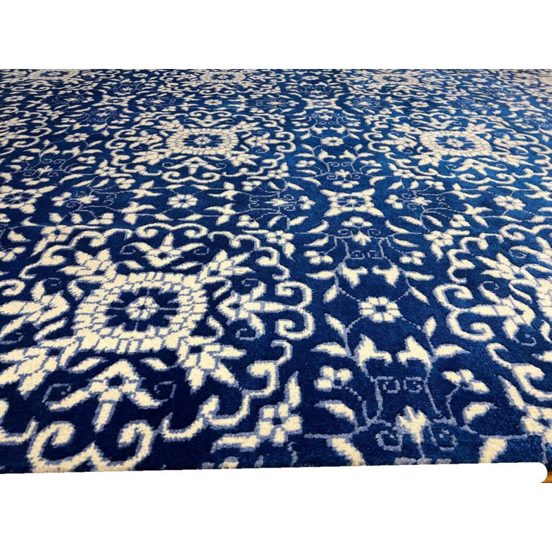 Tapis bleu / blanc en laine / soie / coton fait à la main Ikat