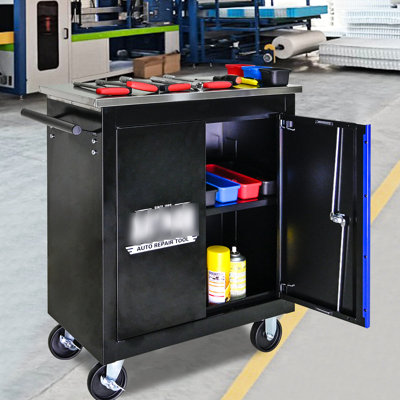 Double-Door Tool Cart With Stainless Steel Countertop And 2 Brake Black+Blue Cabinet 4 27.19Inch Height