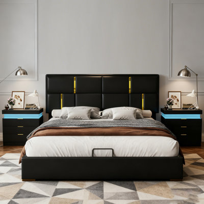 3-Pieces Bedroom Sets,Upholstered Platform Bed With Hydraulic Storage System,And Nightstand with Charging Station and LED Lights by Mercer41