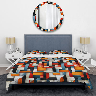 Red Industrial Matrix Cubic Reflections - Geometric Duvet Cover Set - Microfiber Polyester