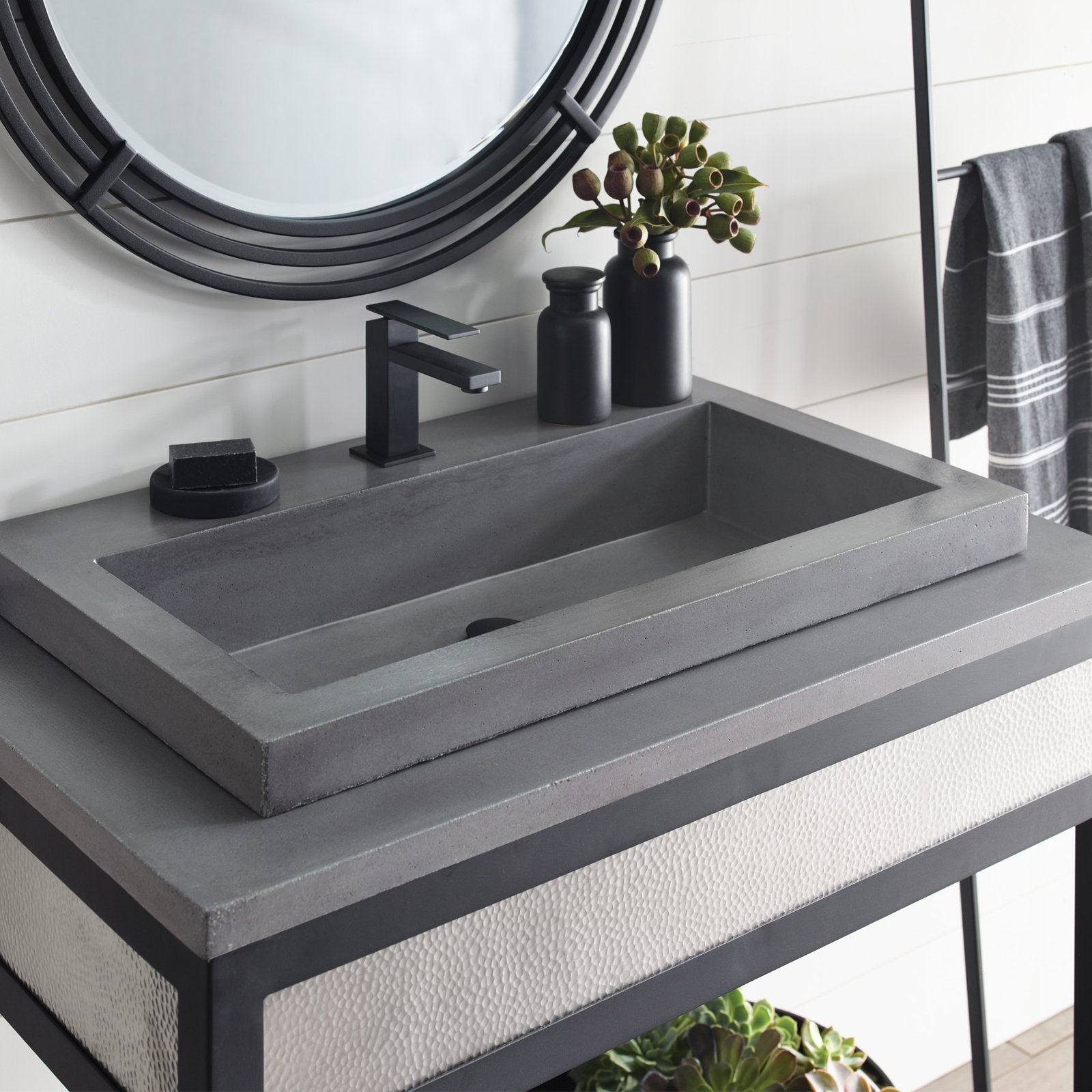 Trough Handmade Rectangular Drop-In Bathroom Sink, Slate, Single Faucet Hole