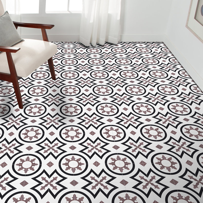 Carreau de ciment à motif de ciment 8 po x 8 po Ozod, Noir / blanc / Mauve