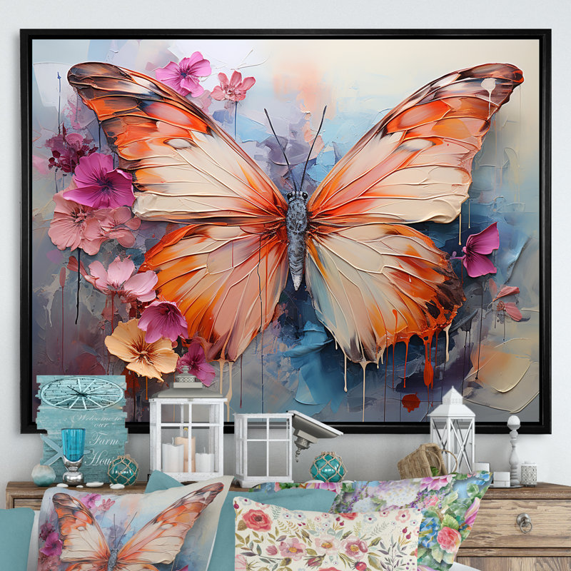 Papillon abstrait auras - art mural papillon, Cadre flottant noir, H 34 po x l 44 po x P 1,5 po