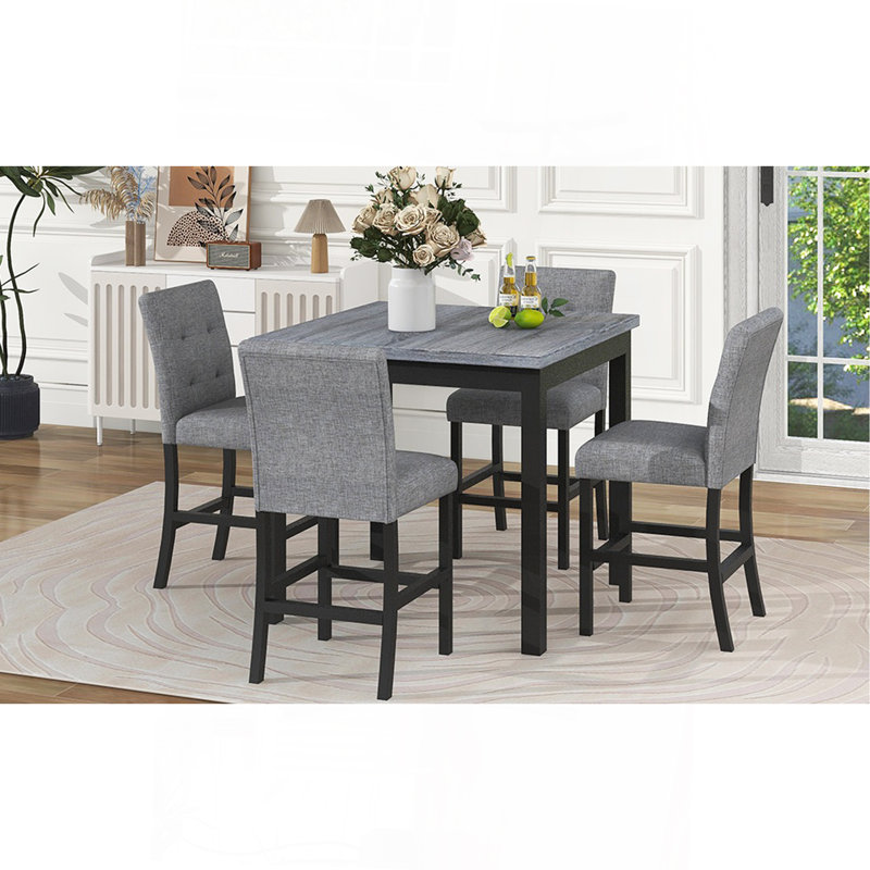 Ensemble de salle à manger 5 pièces à hauteur de comptoir avec table carrée et tabourets avec repose-pieds et 4 chaises rembourrées à haut dossier
