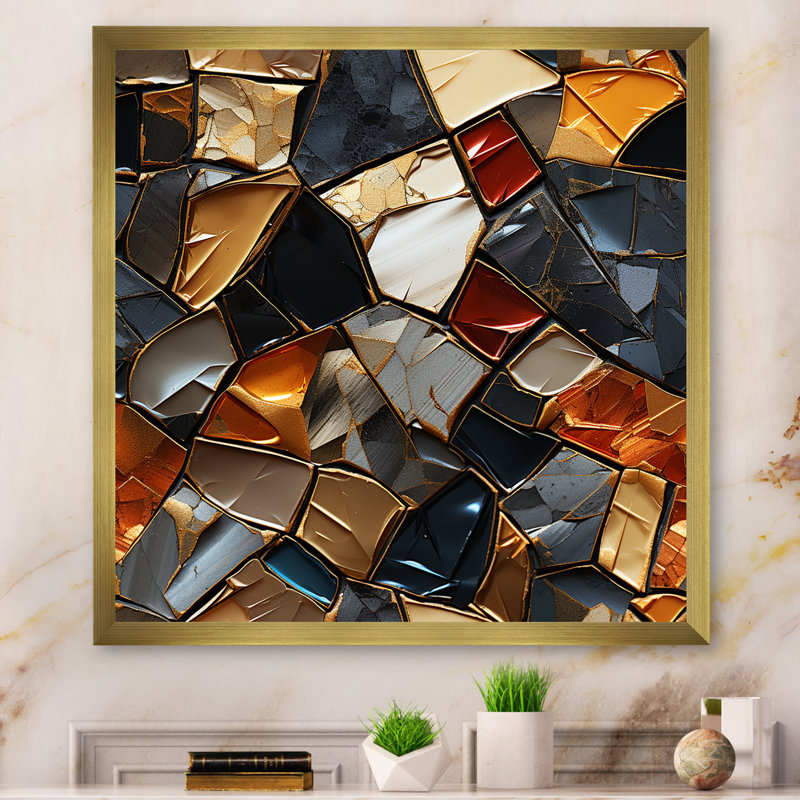 Cubic Mosaic Marble Tiles I - Abstract Tile Wall Art, Cadre doré simple, H 16 po x l 16 po x P 1 po