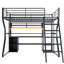 Lit mezzanine en métal noir avec rangement spacieux, garde-robe ouverte et conduit pour un environnement de travail relaxant