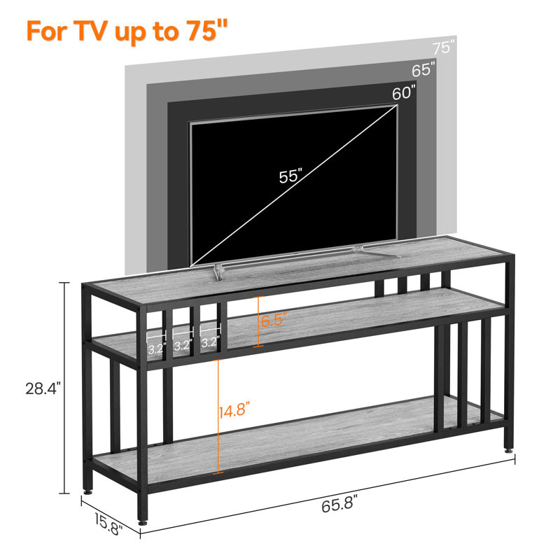 65 Inch TV Stand, TV Cabinet with 3-Tier Storage Shelves for TV up to 75 Inch, TV Media Console Table with Metal Frame, Grey