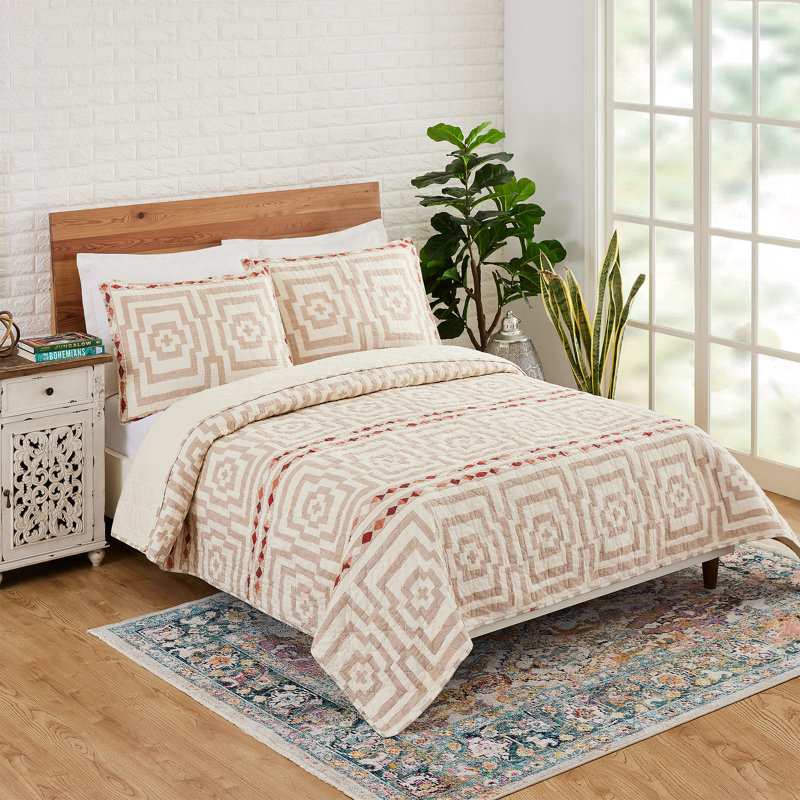 Hypnotic 100% Cotton Boho Lightweight Quilt Set, Full/Queen Quilt + 2 Shams, Cream