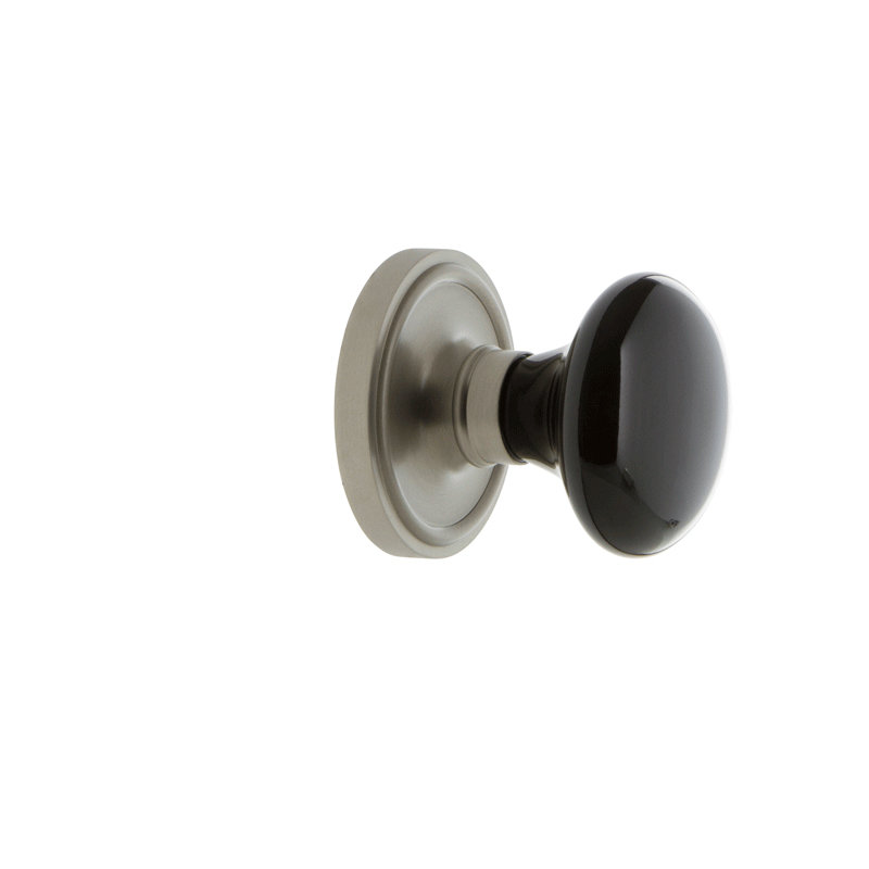 Classic Rosette with Black Porcelain Door Knob, Satin Nickel