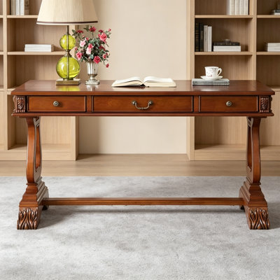 Retro Carved Brown Solid Wood Writing Desk
