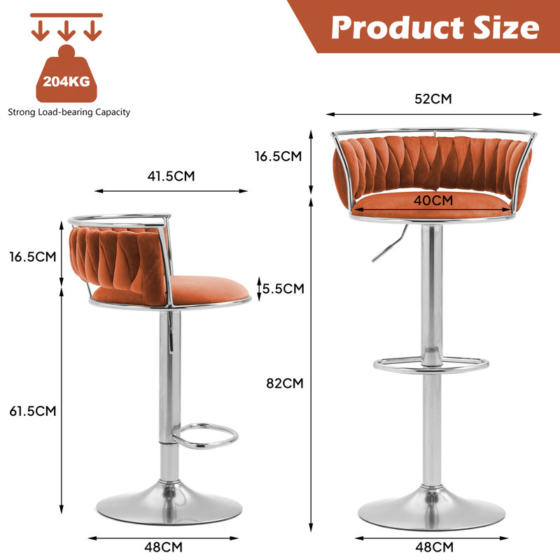 Christal Height Adjustable Swivel Bar Stool, Orange, Silver