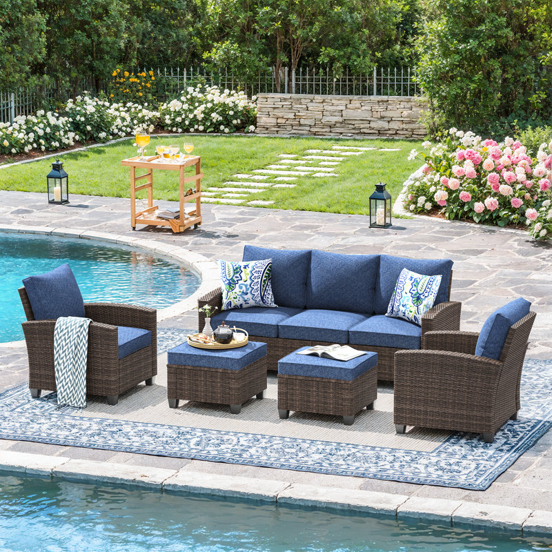  Outdoor Wicker Conversation Set with 3-Seat Sofa, Sofa Chairs, and Ottomans, Navy Blue