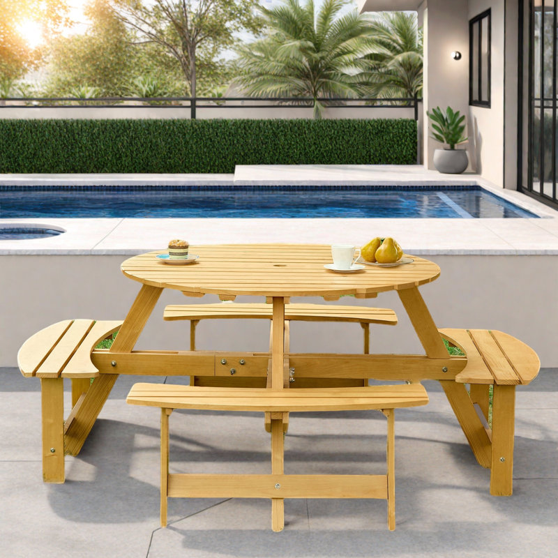 Table de pique-nique d'extérieur pour 8 personnes avec 4 bancs intégrés et trou pour parasol, Jaune
