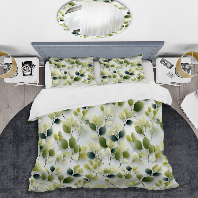 Literie de feuilles de wasabi blanches et vertes, Housse de couette pour très grand lit et 2 très