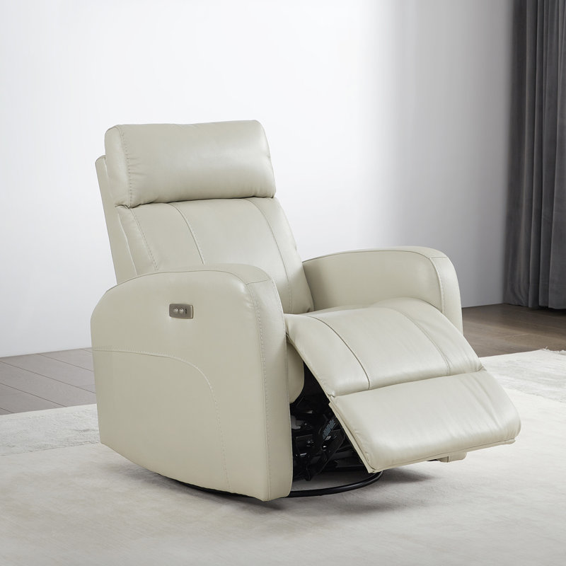 Corvin Genuine Leather Swivel Power Recliner, Light Gray