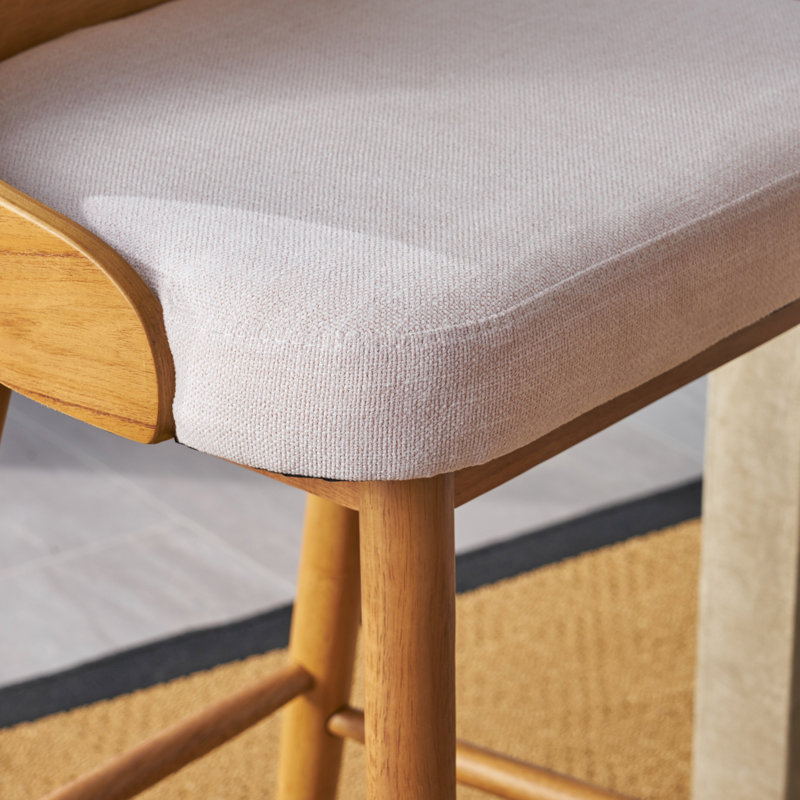 Light Beige Upholstered Wood Mid-Century Modern Barstools, Set of 2