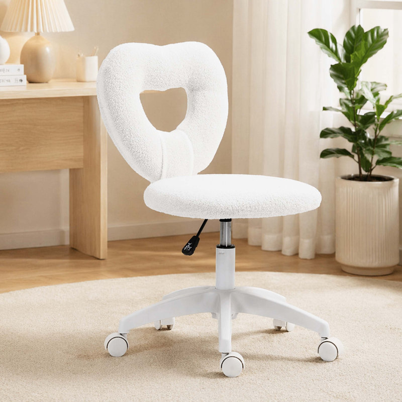 Cute Heart Shaped Teddy Fleece Task Chair, Height Adjustable 360° Swivel Rolling Desk Chair with Silent Wheels, Vanity Makeup Chair for Home Bedroom Study