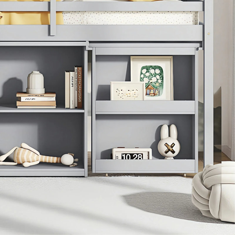 Kids MultiFunctional Loft Bed with Pulling -Out Desk and Safety Guardrail, Grey