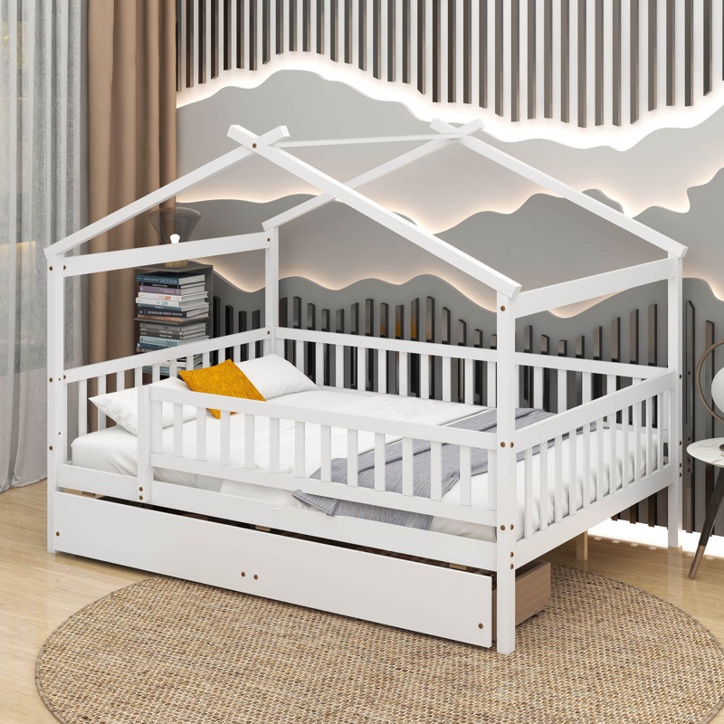 Lit en bois avec deux tiroirs, Double, Blanc