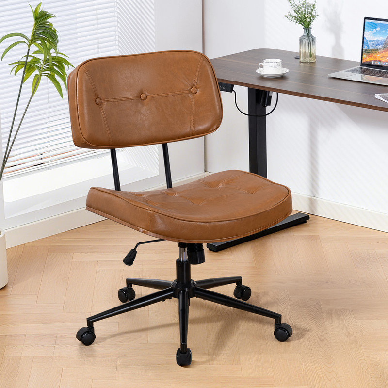 Faux Leather Modern Walnut Office Chair, Armless Computer Desk Chair, Brown