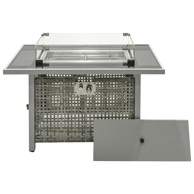 Table de foyer d'extérieur au gaz propane à tissage ouvert gris de 43 po 60000 avec charme bohémien, couvercle amovible et pare-vent en verre pour terrasse de jardin, pierres bleues, garde trempée, rangement de 20 lb