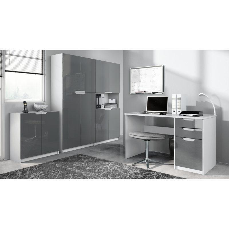 Mazeppa 3 Piece Writing Desk Office Set, Grey/White Base