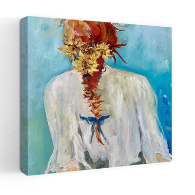 Red Hair Adorned With Sunflowers Elegant Ethereal Impressionist Sunflower Flower Portrait Wall Art