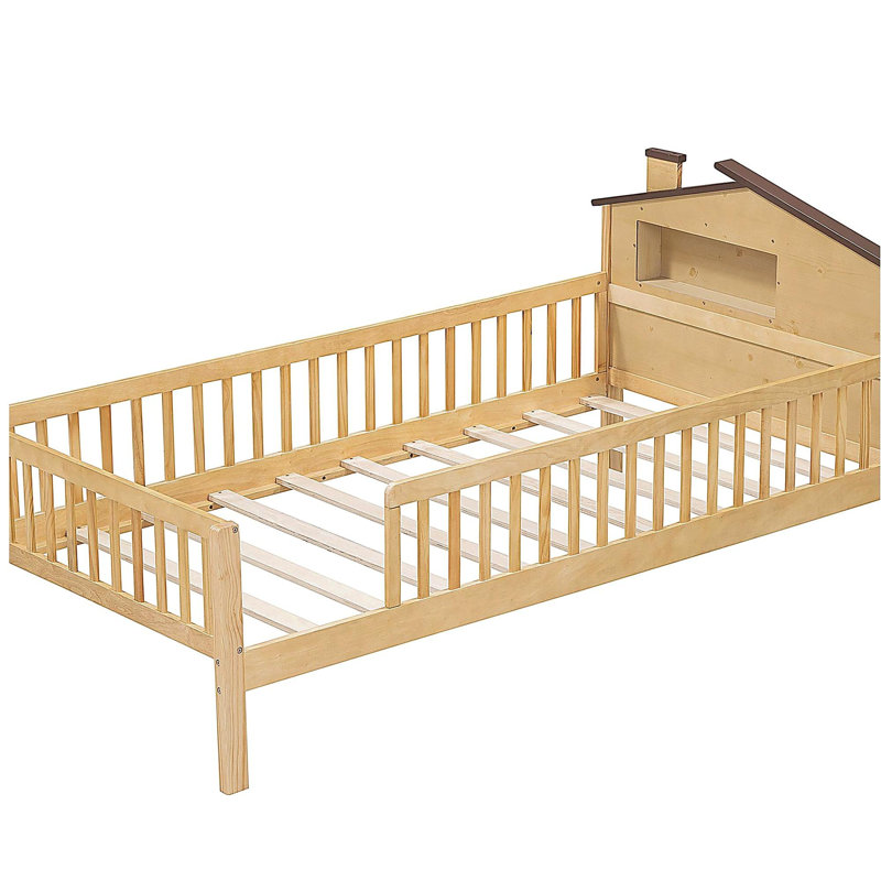 Lit plateforme en bois avec tête de lit en forme de maison, lumières DEL et espace de rangement intégré, Lit simple, Naturel