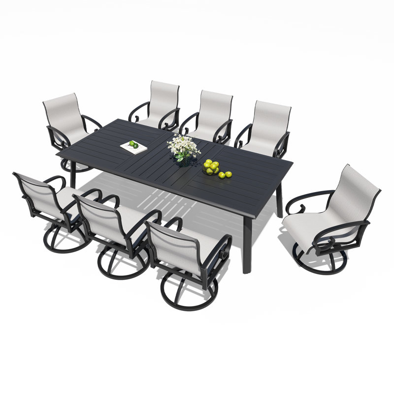 8 - Person Aluminum Patio Dining Set with Sunbrella Swivel Armchairs, White/Black