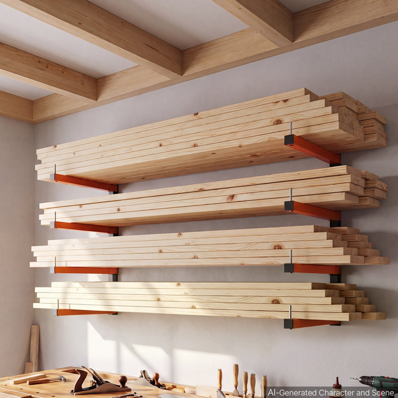 Étagère à bois à 4 niveaux (50 kg par niveau), pliable, fixation murale pour garages, ateliers et entrepôts, bras cantilever robustes, réglable sur 3 niveaux, acier, orange et noir.