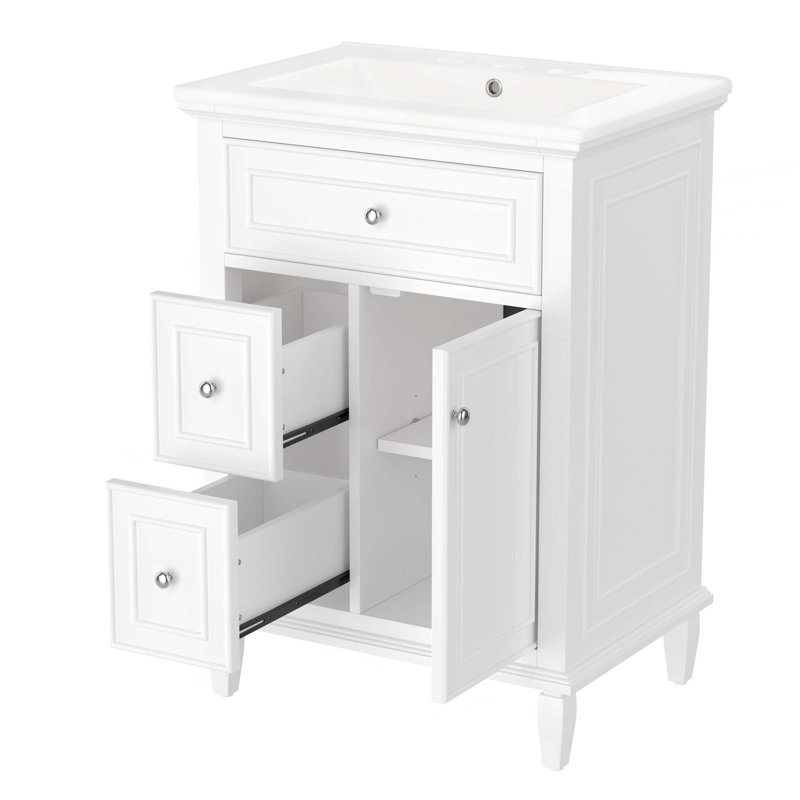 Meuble-lavabo 24 po avec lavabo, meuble-lavabo avec un tiroir rabattable et deux tiroirs, tablette réglable, bois massif et panneau de fibres à densité moyenne