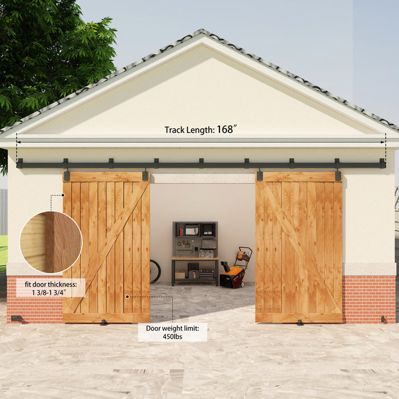 Ensemble de quincaillerie de porte de grange extérieure en forme de boîte noire de 14 pi pour 2 portes, rail de porte de grange coulissant robuste, quincaillerie de porte de grange murale avec 7 supports de rail (portes non incluses)