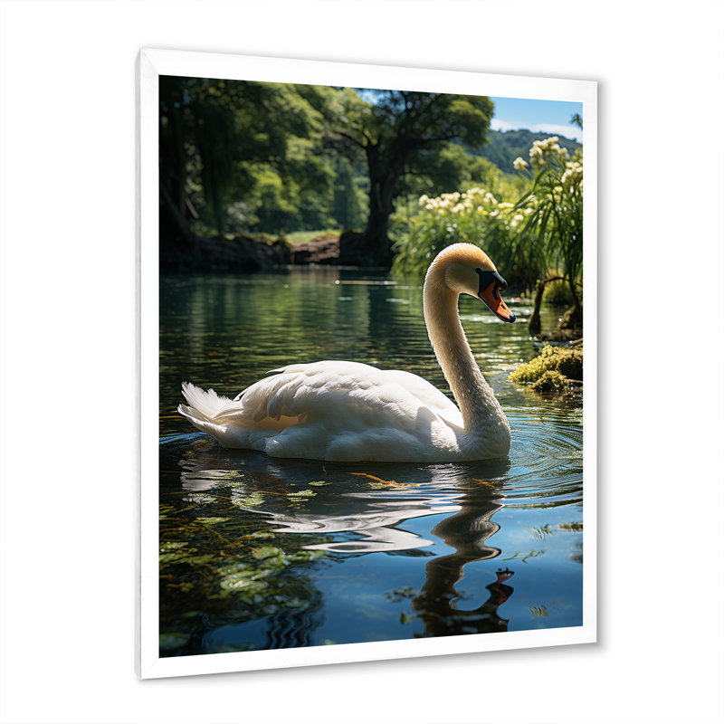 Cygne refuge dans un lac tropical - décoration murale animaux cygnes, Cadre naturel flottant, H 32 po x l 24 po
