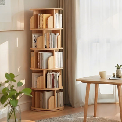 5 Tier Rotating Bookshelf, 360° Display Round Spinning Bookshelf, Space-Saving, Small Space Rotating Bookshelf Tower For Bedroom, Living Room, Home, Office, Wood Color