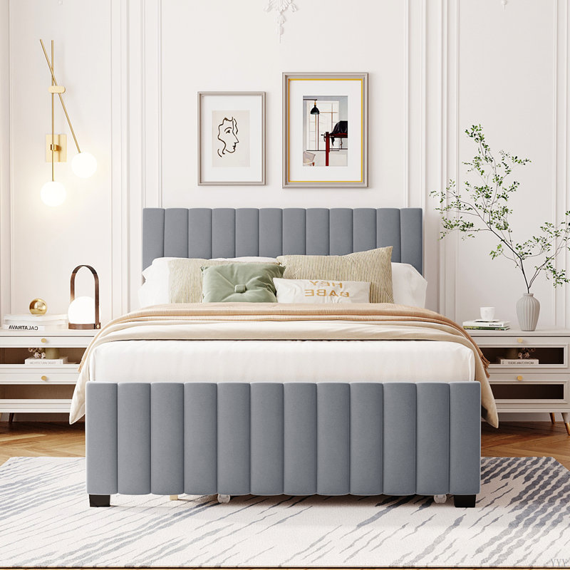 Lit plateforme tapissier en velours avec lit gigogne simple, Gris
