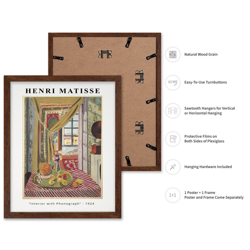 Henri Matisse - Intérieur avec Phonographe, Affiche, H 12 po x l 16 po, Encadrement brun