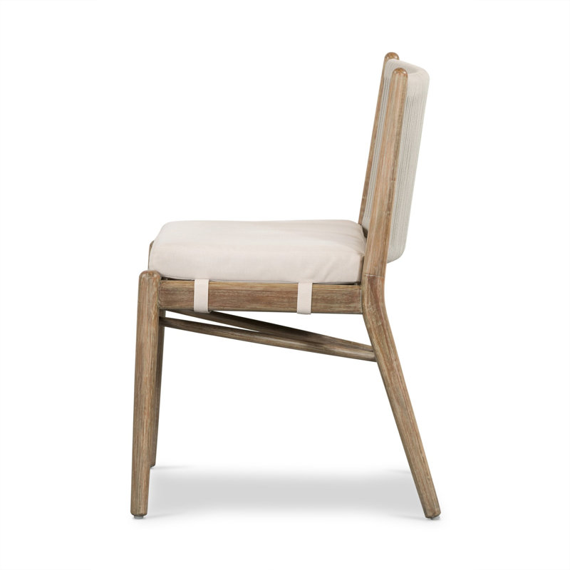 Baltzer Wood Premium All-Weather Wicker Outdoor Dining Side Chair with Cushion, Natural Frame/Lakin Oat Cushion
