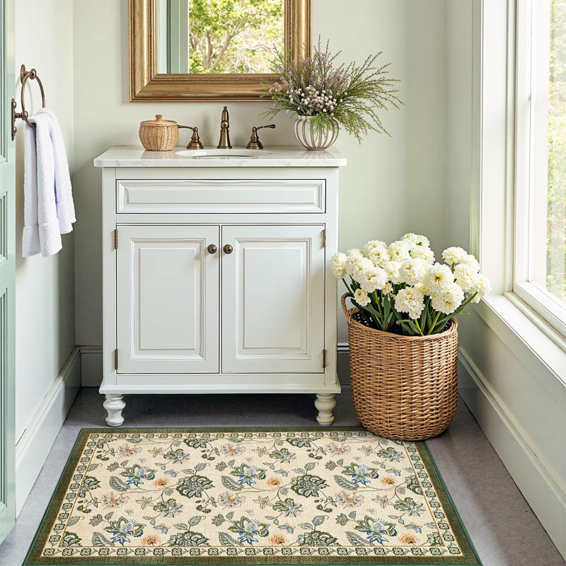 Chinoiserie Floral Rug Vintage Romance Design Washable Non-slip Green/Beige, Rectangle 3' x 5', Green/Beige