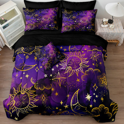8 Pcs Universe Bed in a Bag Sun and Moon Comforter Set California King Size Galaxy Bedding Purple Gold Moon Star Pattern Bohemian Gothic Comforter Set