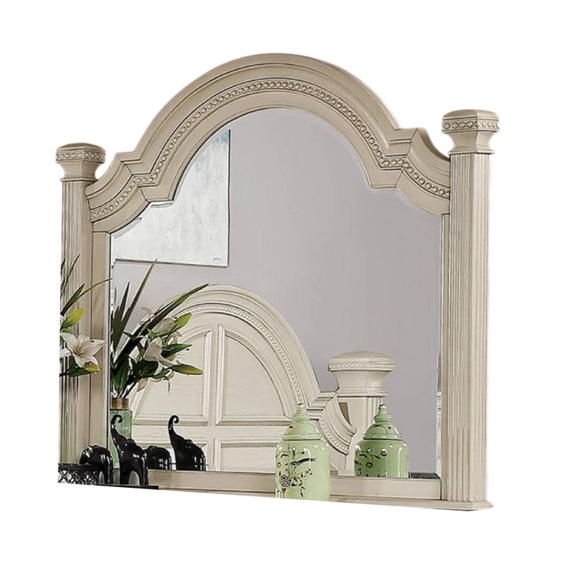 Miroir de commode Pamy, poteaux en roseau, cadre cloche de 49 po, Blanc antique