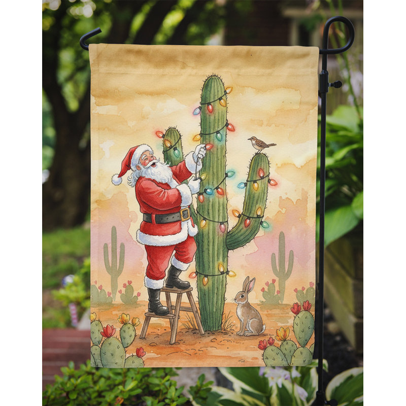 Père Noël décorant un drapeau de jardin de cactus, Taille du jardin, Père Noël décorant un cactus