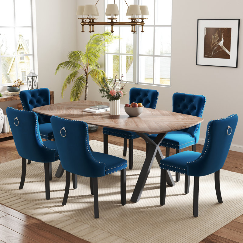 Ensemble de salle à manger rectangulaire avec chaise capitonnée, Bleu, H 29,5 po x L 71 po x l 35,4 po