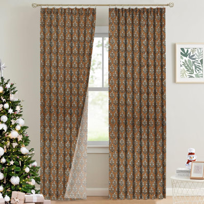 Hand Block Print Brown or Black Floral Pinch Pleated Curtains Home Office Décor Window Treatment, 27 Inches with Blackout Fabric Thick Linen Kitchen Hook Drapes, Neel Gagan
