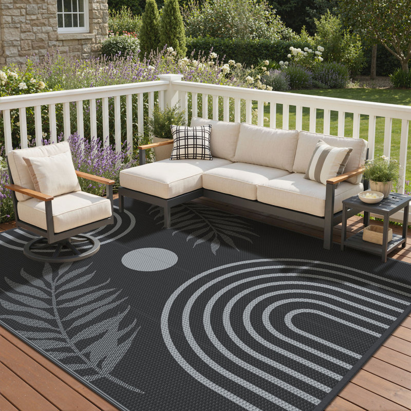 Tapis d'extérieur réversible, tapis d'extérieur imperméable en plastique, noir et beige, rectangulaire 2,44 m x 3,05 m