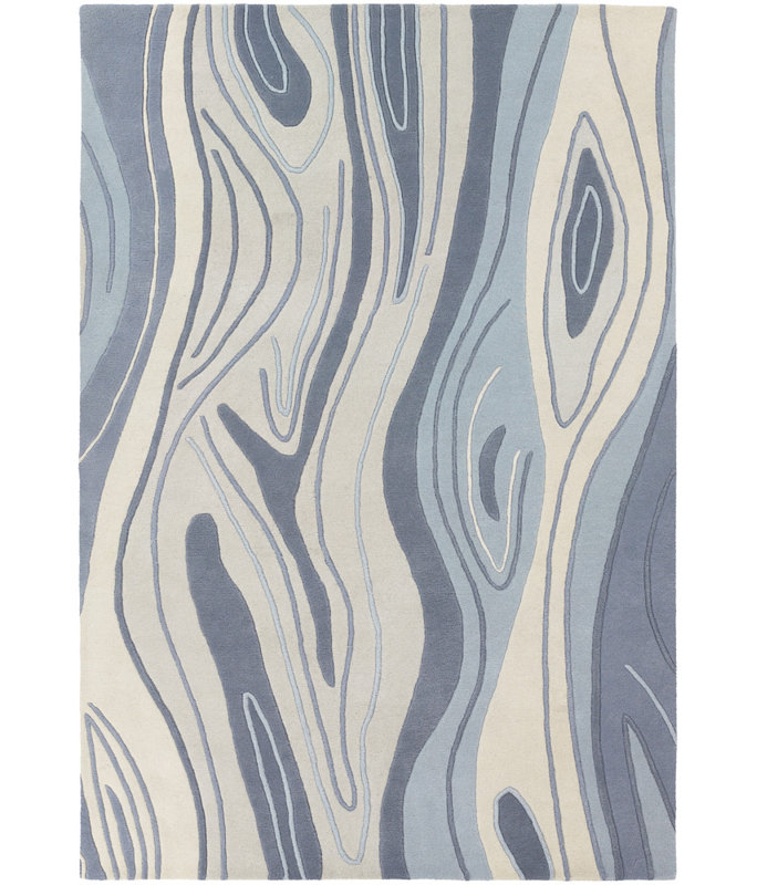 Tapis d'intérieur bleu en laine touffeté à la main à motif abstrait Yaning, 5 pi x 7 pi 6 po