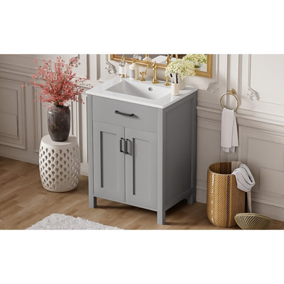 Meuble-lavabo de 24 po avec lavabo en céramique, tiroir rabattable, double couche, tablette en U et charnières à fermeture en douceur pour rangement organisé de 24 po, fonction, design moderne exquis