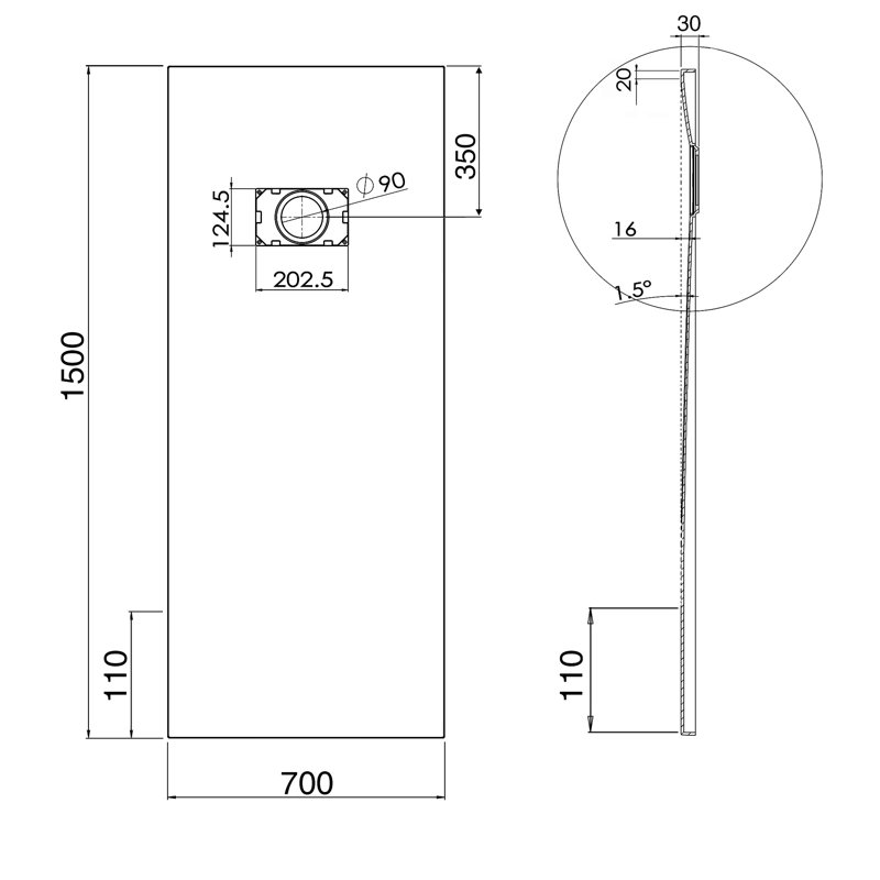W 0.3mm D Shower Tray, 150cm H x 70cm W x 0.3cm D