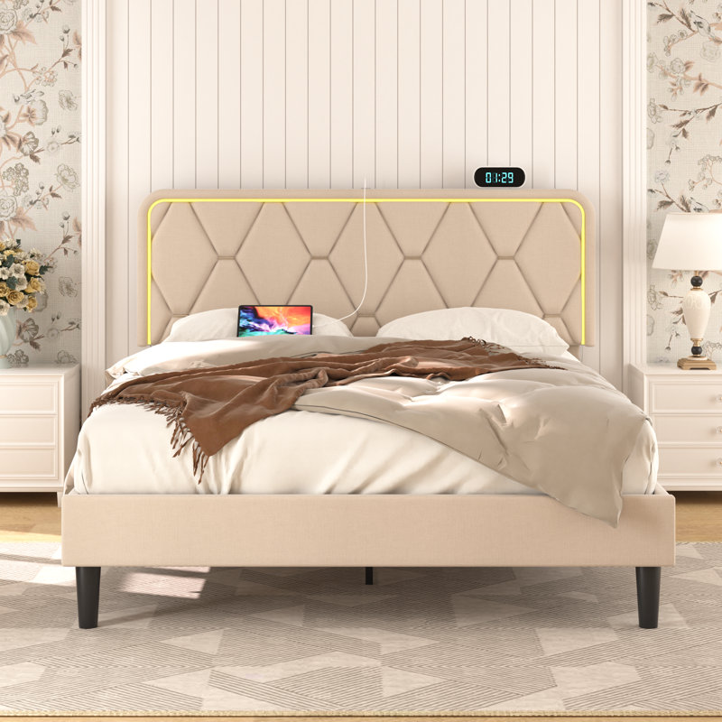 Calil Full Size LED Bed Frame with Adjustable Button-Tufted Headboard, Upholstered Velvet Platform Bed Frame with Charging Station, Mattress Foundation, Wood Slat Support, No Box Spring Needed