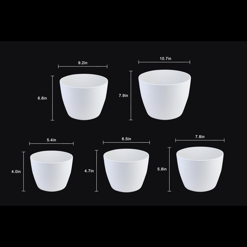 Ensemble de 5 pots de fleurs en plastique blanc, pots ronds modernes pour intérieur et extérieur avec trous de drainage