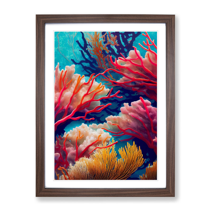 Colourful Coral Reef No.1 - Wall Art, 36cm H x 27cm W x 2cm D, Walnut Framed, White